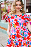 Love Found Pink Floral Smocked Ruffle Sleeve Tiered Dress (Open Pack)