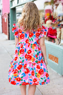 Love Found Pink Floral Smocked Ruffle Sleeve Tiered Dress (Open Pack)