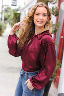 Holiday Vibes Burgundy Frill Detail Tie Neck Satin Top (Open Pack)