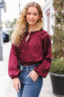 Holiday Vibes Burgundy Frill Detail Tie Neck Satin Top (Open Pack)