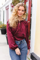 Holiday Vibes Burgundy Frill Detail Tie Neck Satin Top (Open Pack)