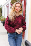 Holiday Vibes Burgundy Frill Detail Tie Neck Satin Top (Open Pack)