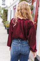 Holiday Vibes Burgundy Frill Detail Tie Neck Satin Top (Open Pack)
