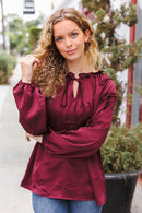 Holiday Vibes Burgundy Frill Detail Tie Neck Satin Top (Open Pack)