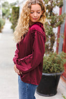 Holiday Vibes Burgundy Frill Detail Tie Neck Satin Top (Open Pack)