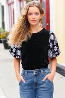 Feeling Glamorous Black Floral Sequin Puff Sleeve Velvet Top (Open Pack)
