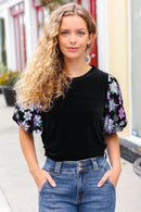 Feeling Glamorous Black Floral Sequin Puff Sleeve Velvet Top (Open Pack)