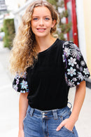 Feeling Glamorous Black Floral Sequin Puff Sleeve Velvet Top (Open Pack)