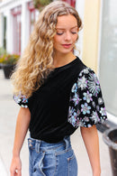Feeling Glamorous Black Floral Sequin Puff Sleeve Velvet Top (Open Pack)