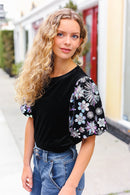 Feeling Glamorous Black Floral Sequin Puff Sleeve Velvet Top (Open Pack)