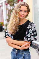 Feeling Glamorous Black Floral Sequin Puff Sleeve Velvet Top (Open Pack)