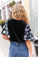 Feeling Glamorous Black Floral Sequin Puff Sleeve Velvet Top (Open Pack)