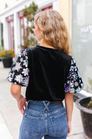Feeling Glamorous Black Floral Sequin Puff Sleeve Velvet Top (Open Pack)