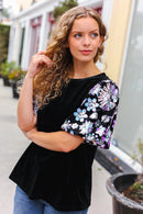 Feeling Glamorous Black Floral Sequin Puff Sleeve Velvet Top (Open Pack)