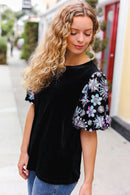 Feeling Glamorous Black Floral Sequin Puff Sleeve Velvet Top (Open Pack)