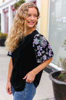 Feeling Glamorous Black Floral Sequin Puff Sleeve Velvet Top (Open Pack)