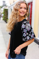 Feeling Glamorous Black Floral Sequin Puff Sleeve Velvet Top (Open Pack)