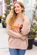 Feeling Thankful Taupe Pop Up Glittery Embroidery Sweater (Open Pack)