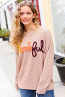 Feeling Thankful Taupe Pop Up Glittery Embroidery Sweater (Open Pack)