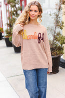 Feeling Thankful Taupe Pop Up Glittery Embroidery Sweater (Open Pack)