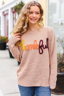 Feeling Thankful Taupe Pop Up Glittery Embroidery Sweater (Open Pack)