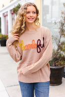 Feeling Thankful Taupe Pop Up Glittery Embroidery Sweater (Open Pack)