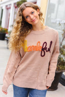 Feeling Thankful Taupe Pop Up Glittery Embroidery Sweater (Open Pack)