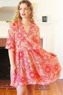 All You Need Peach & Coral Boho Floral V Neck Dress (Open Pack)