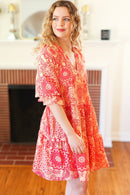 All You Need Peach & Coral Boho Floral V Neck Dress (Open Pack)