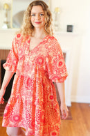 All You Need Peach & Coral Boho Floral V Neck Dress (Open Pack)