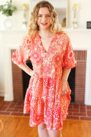 All You Need Peach & Coral Boho Floral V Neck Dress (Open Pack)