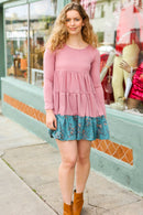 Looking Your Way Mauve & Teal Floral Ruffle Terry Tiered Dress (Open Pack)