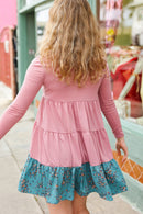 Looking Your Way Mauve & Teal Floral Ruffle Terry Tiered Dress (Open Pack)