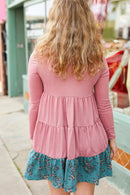 Looking Your Way Mauve & Teal Floral Ruffle Terry Tiered Dress (Open Pack)