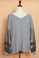 Grey Marled Glitter Sleeve Top