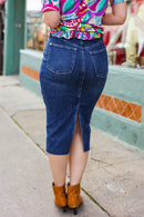Easy To Love Dark Denim High Rise Back Slit Midi Length Skirt (Open Pack)
