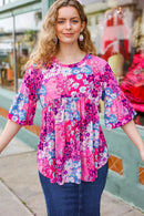 Diva Pink & Blue Floral Print Babydoll Bell Sleeve Top (Open Pack)