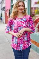 Diva Pink & Blue Floral Print Babydoll Bell Sleeve Top (Open Pack)