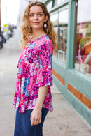 Diva Pink & Blue Floral Print Babydoll Bell Sleeve Top (Open Pack)