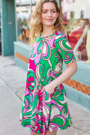 Feeling Bold Fuchsia & Green Abstract Floral Print Dress (Open Pack)