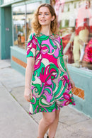 Feeling Bold Fuchsia & Green Abstract Floral Print Dress (Open Pack)