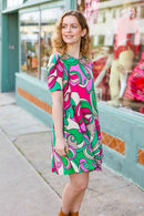 Feeling Bold Fuchsia & Green Abstract Floral Print Dress (Open Pack)