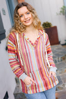 Be Bold Coral & Sienna Stripe Pullover Notched Neck Hoodie (Open Pack)