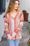 Be Bold Coral & Sienna Stripe Pullover Notched Neck Hoodie (Open Pack)