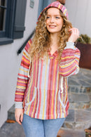 Be Bold Coral & Sienna Stripe Pullover Notched Neck Hoodie (Open Pack)