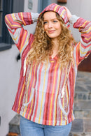 Be Bold Coral & Sienna Stripe Pullover Notched Neck Hoodie (Open Pack)