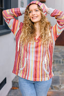 Be Bold Coral & Sienna Stripe Pullover Notched Neck Hoodie (Open Pack)