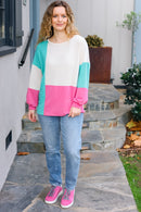 The Slouchy Mint & Pink Drop Shoulder Terry Color Block Top (Open Pack)