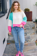 The Slouchy Mint & Pink Drop Shoulder Terry Color Block Top (Open Pack)