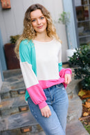 The Slouchy Mint & Pink Drop Shoulder Terry Color Block Top (Open Pack)